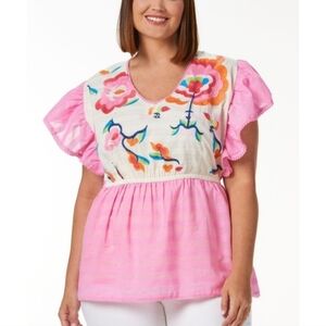 Floral Embroidered Pink Babydoll Top